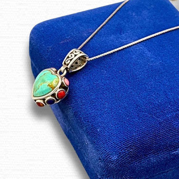 SOLD - Sterling Silver Turquoise Heart Pendant Necklace Reversible Boho Jewelry - Picture 3 of 7